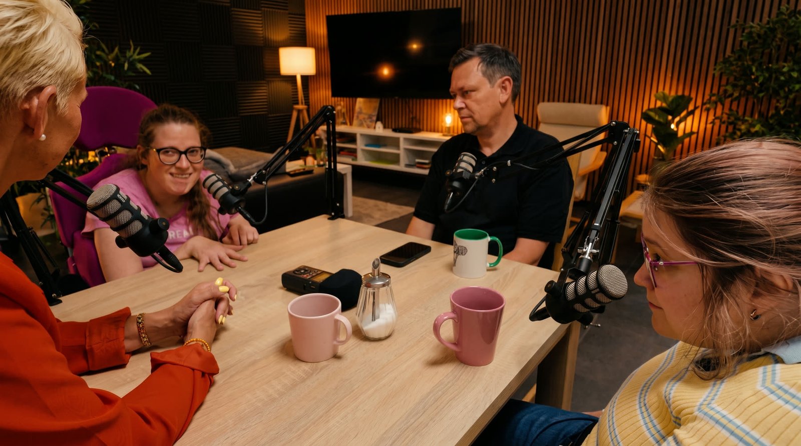 Vier Menschen im Gespräch an einem Tisch mit Mikrofonen im Podcaststudio